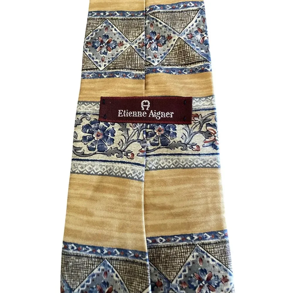 Etienne Aigner Silk Tie Gold Blue Floral Geometric Made In USA‎